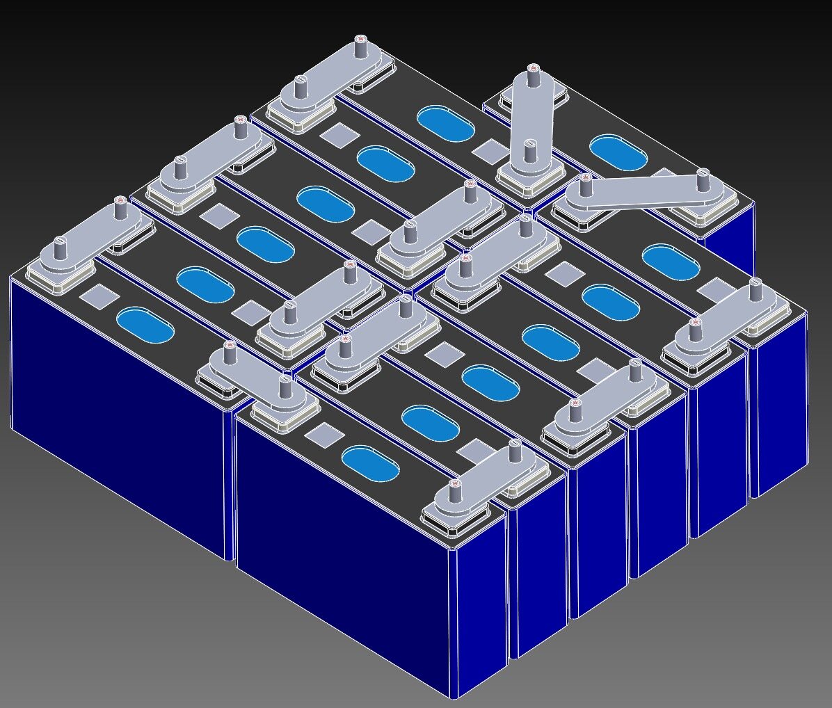CAD model of the battery pack cell layout, showing prismatic cells wired together with bus-bars.