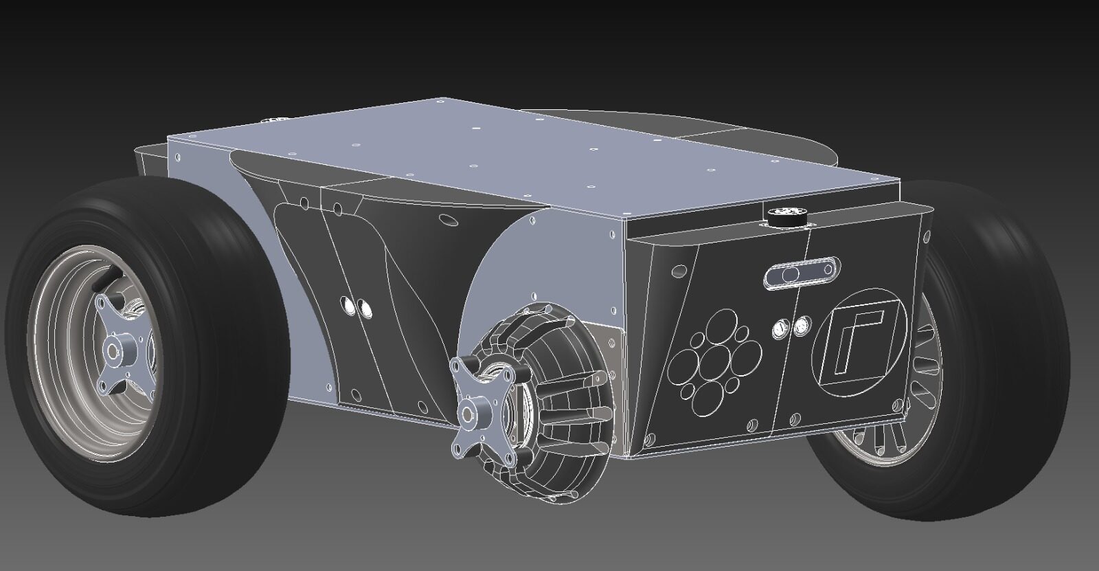 CAD render of the full SLIP chassis showing wheel hubs, motor housings, and the underground.nl branded side panel.