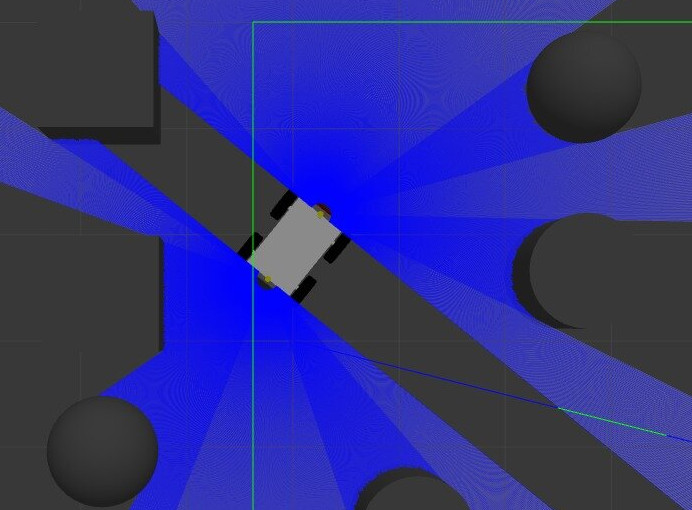 Simulated robot with a fan of LiDAR rays among sphere obstacles in a benchmark-style simulation environment.
